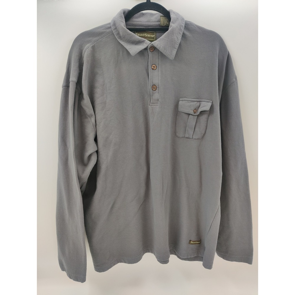 Field & Stream Mens Long Sleeve Collared‎ Polo Shirt Gray Cotton XXL Pocket